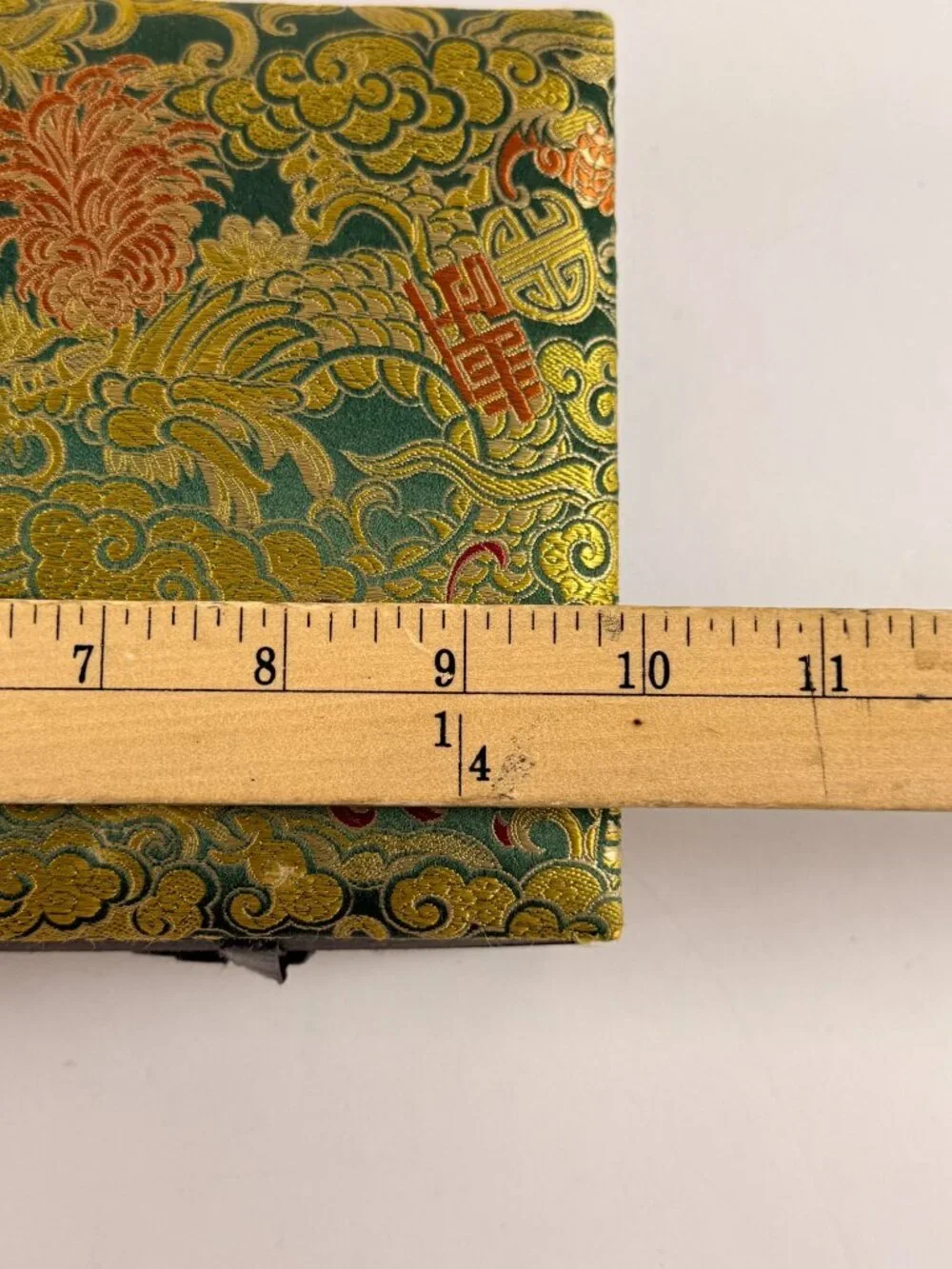 Vintage Asian Silk Top Jewelry Box Gold Floral & Dragon Design Red Velvet Lined
